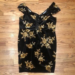 Velvet black dress with gold flowers